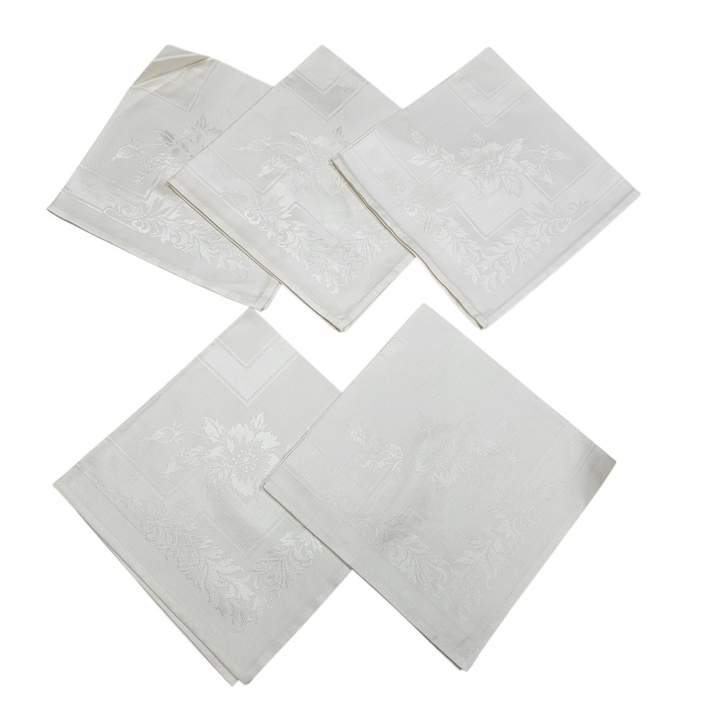 Set of 5 Damask Napkins Cotton Rayon Floral‎ White Neutral Dinner Party Japan